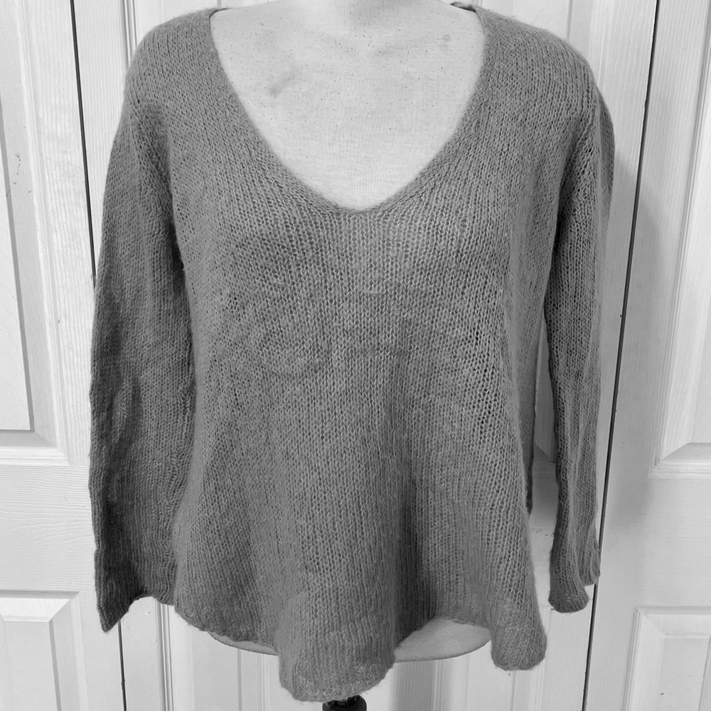 Wooden Ships Charcoal Light Weight V-Neck Mohair and Wool Blend Sweater